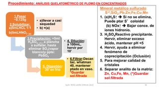Procedimiento: ANÁLISIS QUELATOMÉTRICO DE PLOMO EN CONCENTRADOS
Mineral metálico sulfurado:
S-2;SiO2;Pb;Zn;Fe;Cu;Mn
1. (a)H2S↑ ➔ Si no se elimina,
Puede ptar S°coloidal
(b) NOx↑ ➔ Bajar conce. de
iones hidronio.
3. H2SO4Reactivo precipitante.
Hervir, eliminar exceso
ácido, mantener pH =5
4. Hervir, ayuda a eliminar
fenómeno de
coprecipitación (Oclusión)
5. Para mejorar calidad de
cristales
6. Separar analito de la matriz:
Zn, Cu,Fe, Mn, (*)Guardar
sol.filtrada
Quím. ROSA LAURA LENGUA CALLE 36
1.Pesar
~0,125g
2.Solubilizar:
a)5mLHCL 1:1
b)5mLHNO3 (c)
• a)llevar a casi
sequedad
• b) =(a)
3.Preciptación: +5ml
H2SO4 ( C ) a plancha
a sulfatar, hasta
eliminar SO3(vapor
blanco)y ppte:
PbSO4
• 4. Dilución:
a 100mL,
hervir por
10’
5. Digestión:
30’ en frio
• 6.Filtrar:Decan
tac. whatman
40, mantener
ptado en vaso.
*Guardar
sol.filtrada
 