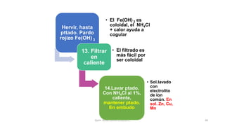 Quím. ROSA LAURA LENGUA C. 48
Hervir, hasta
pttado. Pardo
rojizo Fe(OH) 3
• El Fe(OH) 3 es
coloidal, el NH4Cl
+ calor ayuda a
cogular
13. Filtrar
en
caliente
• El filtrado es
más fácil por
ser coloidal
14.Lavar ptado.
Con NH4Cl al 1%,
caliente,
mantener ptado.
En embudo
• Sol.lavado
con
electrolito
de ion
común. En
sol. Zn, Cu,
Mn
 