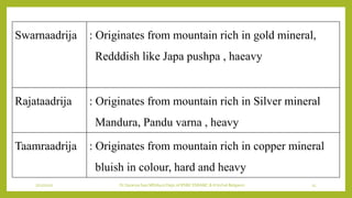 7/12/2022 Dr.SaranyaSasi MD(Ayu) Dept.of RSBK SSRAMC & H Inchal Belgaum 15
Swarnaadrija : Originates from mountain rich in gold mineral,
Redddish like Japa pushpa , haeavy
Rajataadrija : Originates from mountain rich in Silver mineral
Mandura, Pandu varna , heavy
Taamraadrija : Originates from mountain rich in copper mineral
bluish in colour, hard and heavy
 