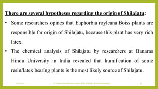 7/12/2022 Dr.SaranyaSasi MD(Ayu) Dept.of RSBK SSRAMC & H Inchal Belgaum 39
There are several hypotheses regarding the origin of Shilajatu:
• Some researchers opines that Euphorbia royleana Boiss plants are
responsible for origin of Shilajatu, because this plant has very rich
latex.
• The chemical analysis of Shilajatu by researchers at Banaras
Hindu University in India revealed that humification of some
resin/latex bearing plants is the most likely source of Shilajatu.
 