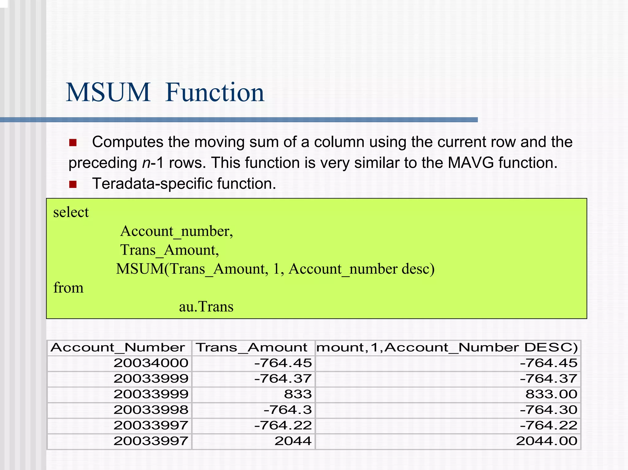 MSUM Function
„ Computes the moving sum of a column using the current row and the
preceding n-1 rows. This function is very similar to the MAVG function.
„ Teradata-specific function.
select
Account_number,
Trans_Amount,
MSUM(Trans_Amount, 1, Account_number desc)
from
au.Trans
Account_Number Trans_Amount mount,1,Account_Number DESC)
20034000 -764.45 -764.45
20033999 -764.37 -764.37
20033999 833 833.00
20033998 -764.3 -764.30
20033997 -764.22 -764.22
20033997 2044 2044.00
 