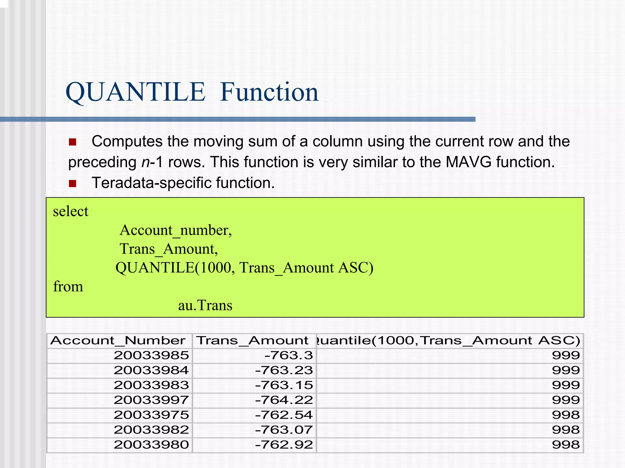 QUANTILE Function
„ Computes the moving sum of a column using the current row and the
preceding n-1 rows. This function is very similar to the MAVG function.
„ Teradata-specific function.
select
Account_number,
Trans_Amount,
QUANTILE(1000, Trans_Amount ASC)
from
au.Trans
Account_Number Trans_AmountQuantile(1000,Trans_Amount ASC)
20033985 -763.3 999
20033984 -763.23 999
20033983 -763.15 999
20033997 -764.22 999
20033975 -762.54 998
20033982 -763.07 998
20033980 -762.92 998
 