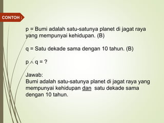 p = Bumi adalah satu-satunya planet di jagat raya
yang mempunyai kehidupan. (B)
q = Satu dekade sama dengan 10 tahun. (B)
p  q = ?
Jawab:
Bumi adalah satu-satunya planet di jagat raya yang
mempunyai kehidupan dan satu dekade sama
dengan 10 tahun.
CONTOH :
 