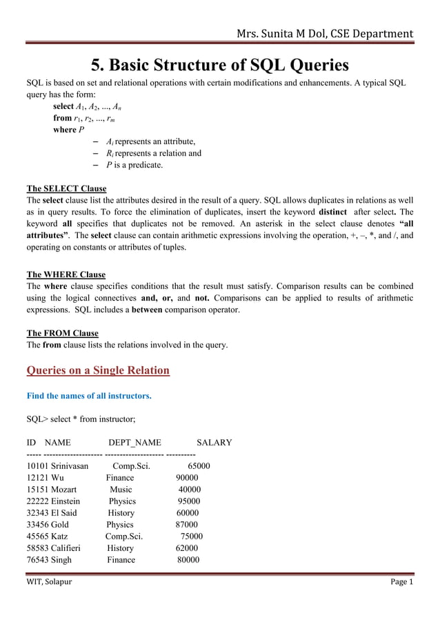 5 Basic Structure Of SQL Queries pdf 5 Basic Structure Of SQL Queries pdf
