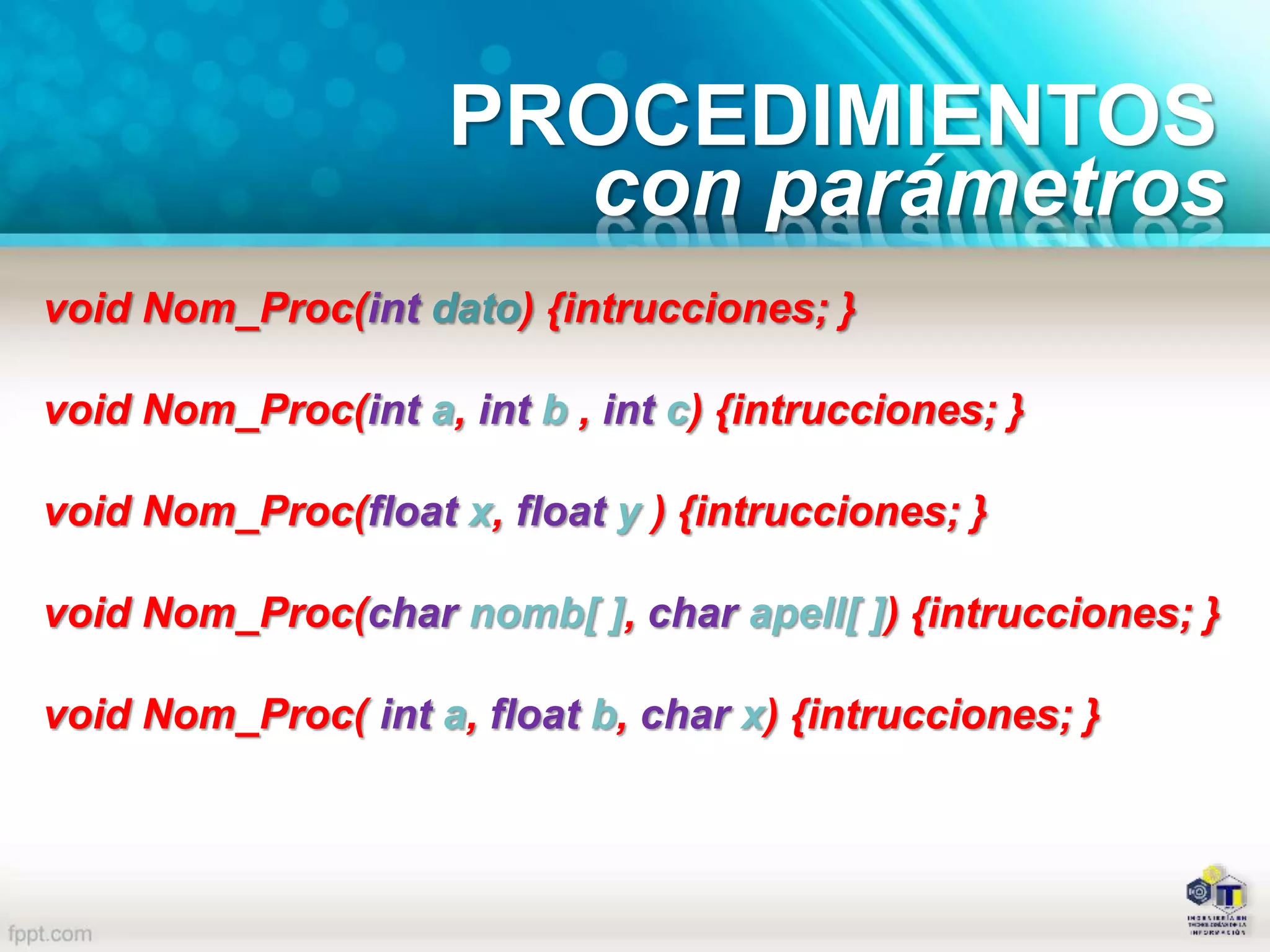 PROCEDIMIENTOS
con parámetros
void Nom_Proc(int dato) {intrucciones; }
void Nom_Proc(int a, int b , int c) {intrucciones; }
void Nom_Proc(float x, float y ) {intrucciones; }
void Nom_Proc(char nomb[ ], char apell[ ]) {intrucciones; }
void Nom_Proc( int a, float b, char x) {intrucciones; }
 