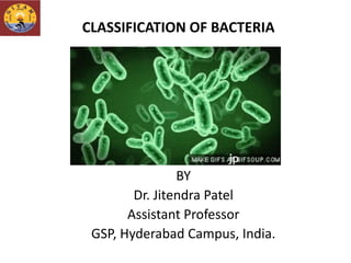 CLASSIFICATION OF BACTERIA
BY
Dr. Jitendra Patel
Assistant Professor
GSP, Hyderabad Campus, India.
 