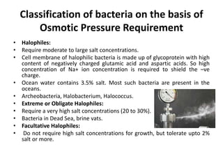 Classification of bacteria on the basis of
Osmotic Pressure Requirement
• Halophiles:
• Require moderate to large salt concentrations.
• Cell membrane of halophilic bacteria is made up of glycoprotein with high
content of negatively charged glutamic acid and aspartic acids. So high
concentration of Na+ ion concentration is required to shield the –ve
charge.
• Ocean water contains 3.5% salt. Most such bacteria are present in the
oceans.
• Archeobacteria, Halobacterium, Halococcus.
• Extreme or Obligate Halophiles:
• Require a very high salt concentrations (20 to 30%).
• Bacteria in Dead Sea, brine vats.
• Facultative Halophiles:
• Do not require high salt concentrations for growth, but tolerate upto 2%
salt or more.
 