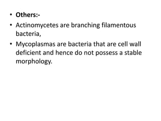 • Others:-
• Actinomycetes are branching filamentous
bacteria,
• Mycoplasmas are bacteria that are cell wall
deficient and hence do not possess a stable
morphology.
 