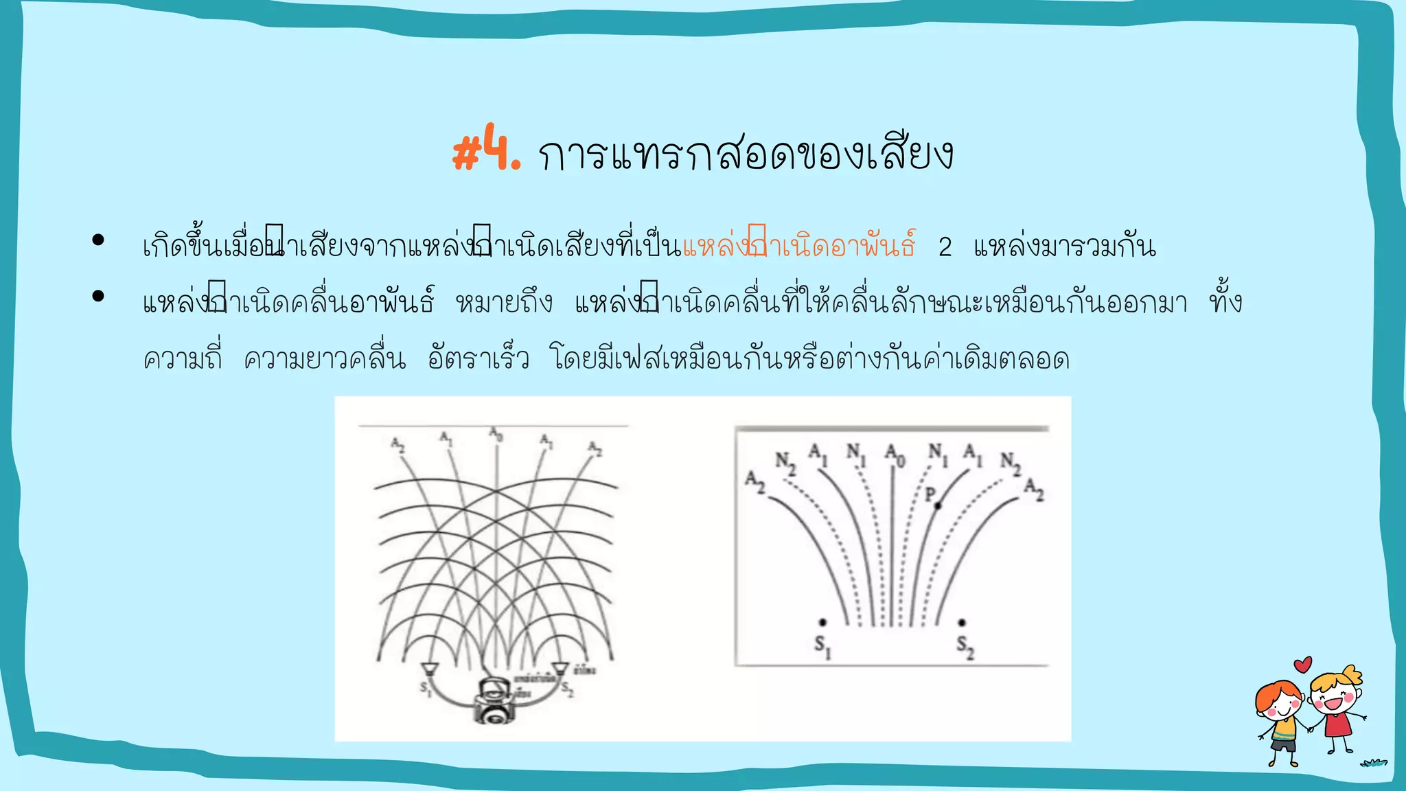 #4. การแทรกสอดของเสียง
• เกิดขึ้นเมื่อนาเสียงจากแหล่งกาเนิดเสียงที่เป็นแหล่งกาเนิดอาพันธ์ 2 แหล่งมารวมกัน
• แหล่งกาเนิดคลื่นอาพันธ์ หมายถึง แหล่งกาเนิดคลื่นที่ให้คลื่นลักษณะเหมือนกันออกมา ทั้ง
ความถี่ ความยาวคลื่น อัตราเร็ว โดยมีเฟสเหมือนกันหรือต่างกันค่าเดิมตลอด
 