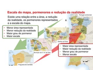 Portugal continental
Escala do mapa, pormenores e redução da realidade
Existe uma relação entre a área, a redução
da realidade, os pormenores representados
e a escala do mapa.
• Menor área representada
• Menor redução da realidade
• Maior grau de pormenor
• Maior escala
• Maior área representada
• Maior redução da realidade
• Menor grau de pormenor
• Menor escala
Distrito do Porto
Município de V. N. de Gaia
Freguesia de Canidelo
 