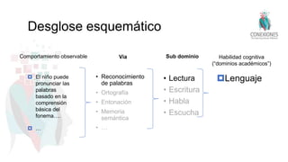 Desglose esquemático
Vía
• Reconocimiento
de palabras
• Ortografía
• Entonación
• Memoria
semántica
• …
Sub dominio
• Lectura
• Escritura
• Habla
• Escucha
Habilidad cognitiva
(“dominios académicos”)
Lenguaje
Comportamiento observable
 El niño puede
pronunciar las
palabras
basado en la
comprensión
básica del
fonema….
 …
 