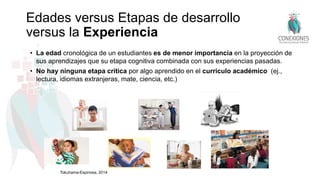 Edades versus Etapas de desarrollo
versus la Experiencia
• La edad cronológica de un estudiantes es de menor importancia en la proyección de
sus aprendizajes que su etapa cognitiva combinada con sus experiencias pasadas.
• No hay ninguna etapa crítica por algo aprendido en el currículo académico (ej.,
lectura, idiomas extranjeras, mate, ciencia, etc.)
Tokuhama-Espinosa, 2014
 