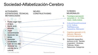 Sociedad-Alfabetización-Cerebro
1 de octubre de 2022 Tokuhama-Espinosa 34
A. Fisiológica (percepción
sensorial) (n = 3): Oído,
Visión, Grafo-motora
B. Cultural-Social-Emocional
(n=4): Cultura,
ToM/Relaciones,
Autoestima, Motivación
C. Cognitivo (general) (n=3):
Atención, Memoria,
Funciones ejecutivas
D. Cognición (específico;
dominio) (n=6): “Sentido
Lingüístico”, Símbolos,
Patrones, Orden,
Relaciones, Categorías
NEURO-
CONSTRUCTIVISMO
ACTIVIDADES,
ESTRATEGIAS, TÉCNICAS,
METODOLOGÍAS
• Poder coger bien
el lápiz
• Sentir auto-
eficacia
• Jugar
concentración
• Aprender las
letras
• Aprender
vocabulario
• Leer en voz alta
• Apreciar los
valores de tu
cultura
16 REDES
NEURONALES
 