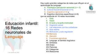 Educación infantil:
16 Redes
neuronales de
Lenguaje
Hay cuatro grandes categorías de redes que influyen en el
aprendizaje de Lenguaje:
A. Fisiológica (percepción sensorial) (n = 3)
B. Cultural-Social-Emocional (n=4)
C. Cognitivo (general) (n=3) y
D. Cognitivo (dominios específicos) (n=6)
que se subdivide en 16 redes neuronales:
I. Oído
II. Visión
III. El tacto y la grafo-motricidad
IV. Cognición social
V. Las relaciones con los cuidadores
VI. Auto estima
VII. Motivación y auto regulación
VIII.Memoria
IX. Atención
X. Funciones ejecutivas
XI. Lenguaje: el Sentido lingüístico
XII. Símbolos
XIII.Orden
XIV.Patrones
XV.Categorías
XVI.Relaciones
1 de octubre de 2022
 