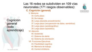 Cognición
general
(todo
aprendizaje)
Las 16 redes se subdividen en 109 vías
neuronales (171 rasgos observables):
C. Cognición (general)
V. Memoria
34. Corto plazo
35. De trabajo
36. Largo plazo(de procedimiento)
37. Largo plazo (recuperación de datos, semántica)
38. Largo plazo (autobiográfico)
39. Largo plazo (episódico)
VI. Atención
40. Sostenido
41. Sistema de alerta
42. Sistema de orientación
VII. Funciones Ejecutivas
43. Flexibilidad cognitiva
44. Memoria de trabajo
45. Control inhibitorio
1 de octubre de 2022
 
