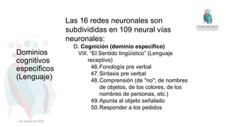 Las 16 redes neuronales son
subdivididas en 109 neural vías
neuronales:
D. Cognición (dominio específico)
VIII. “El Sentido lingüístico” (Lenguaje
receptivo)
46.Fonología pre verbal
47.Sintaxis pre verbal
48.Comprensión (de "no"; de nombres
de objetos, de los colores, de los
nombres de personas, etc.)
49.Apunta al objeto señalado
50.Responder a los pedidos
Dominios
cognitivos
específicos
(Lenguaje)
1 de octubre de 2022
 