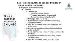 Las 16 redes neuronales son subdivididas en
109 neural vías neuronales:
D. Cognición (dominio específico)
IX. Símbolos
51. Semánticas
• Identificación de imágenes
• Vocabulario apropiado para su edad
• Nombramiento automatizado rápido
52. Fonología (decodificación)
53. Conciencia fonológica: decodificar símbolos y
logotipos comunes
54. Conciencia fonológica: decodificar gestos y sus
significancias
55. Conciencia fonológica: alfabeto fonético (relación
sonido-símbolo)
56. Conciencia fonética: Letras (reconocer nombres de
las letras)
57. Conciencia fonológica: Alfabeto (recitar cuando
solicitado; cantar)
58. Conciencia fonológica: Alfabeto (reconocer)
Dominios
cognitivos
específicos
(Lenguaje)
1 de octubre de 2022
 