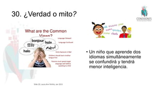 30. ¿Verdad o mito?
• Un niño que aprende dos
idiomas simultáneamente
se confundirá y tendrá
menor inteligencia.
Slide 20, Laura-Ann Petitto, Jan 2015
 