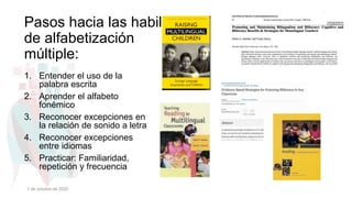 Pasos hacia las habilidades
de alfabetización
múltiple:
1. Entender el uso de la
palabra escrita
2. Aprender el alfabeto
fonémico
3. Reconocer excepciones en
la relación de sonido a letra
4. Reconocer excepciones
entre idiomas
5. Practicar: Familiaridad,
repetición y frecuencia
1 de octubre de 2022
 