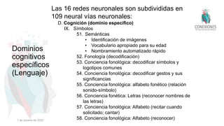 Las 16 redes neuronales son subdivididas en
109 neural vías neuronales:
D. Cognición (dominio específico)
IX. Símbolos
51. Semánticas
• Identificación de imágenes
• Vocabulario apropiado para su edad
• Nombramiento automatizado rápido
52. Fonología (decodificación)
53. Conciencia fonológica: decodificar símbolos y
logotipos comunes
54. Conciencia fonológica: decodificar gestos y sus
significancias
55. Conciencia fonológica: alfabeto fonético (relación
sonido-símbolo)
56. Conciencia fonética: Letras (reconocer nombres de
las letras)
57. Conciencia fonológica: Alfabeto (recitar cuando
solicitado; cantar)
58. Conciencia fonológica: Alfabeto (reconocer)
Dominios
cognitivos
específicos
(Lenguaje)
1 de octubre de 2022
 