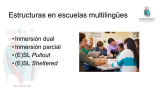 •Inmersión dual
•Inmersión parcial
•(E)SL Pullout
•(E)SL Sheltered
Estructuras en escuelas multilingües
1 de octubre de 2022
 