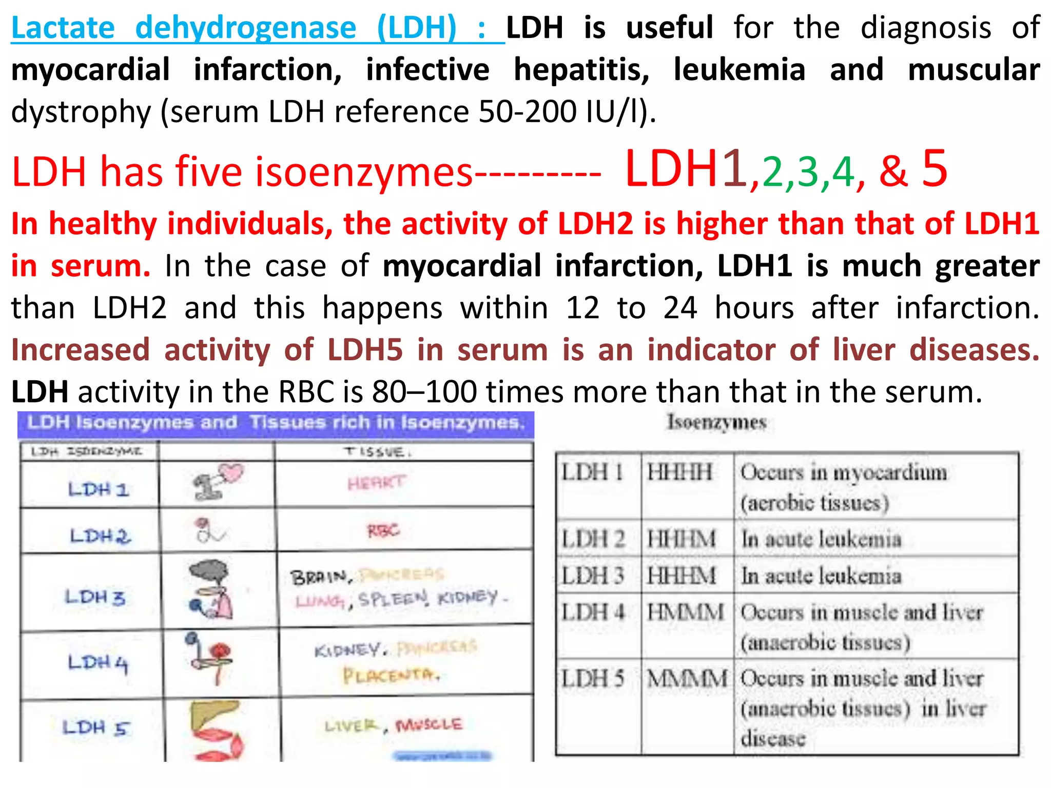 Lactate dehydrogenase (LDH) : LDH is useful for the diagnosis of
myocardial infarction, infective hepatitis, leukemia and muscular
dystrophy (serum LDH reference 50-200 IU/l).
LDH has five isoenzymes--------- LDH1,2,3,4, & 5
In healthy individuals, the activity of LDH2 is higher than that of LDH1
in serum. In the case of myocardial infarction, LDH1 is much greater
than LDH2 and this happens within 12 to 24 hours after infarction.
Increased activity of LDH5 in serum is an indicator of liver diseases.
LDH activity in the RBC is 80–100 times more than that in the serum.
 