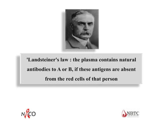 'Landsteiner's law : the plasma contains natural
antibodies to A or B, if these antigens are absent
from the red cells of that person
 