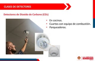 CLASES DE DETECTORES
Detectores de Dioxido de Carbono (CO2)
• En cocinas.
• Cuartos con equipo de combustión.
• Parqueaderos.
 