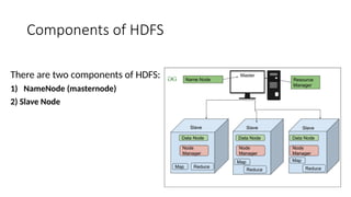 Components of HDFS
There are two components of HDFS:
1) NameNode (masternode)
2) Slave Node
 