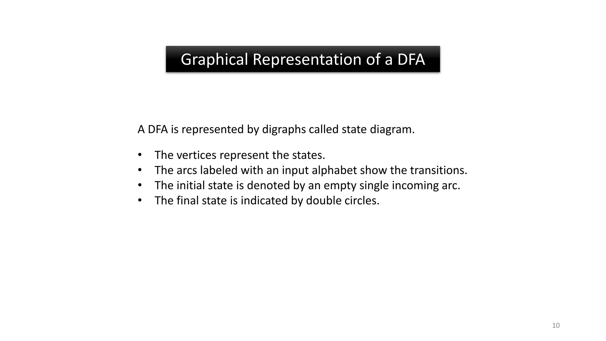 A DFA is represented by digraphs called state diagram.
• The vertices represent the states.
• The arcs labeled with an input alphabet show the transitions.
• The initial state is denoted by an empty single incoming arc.
• The final state is indicated by double circles.
Graphical Representation of a DFA
10
 