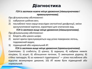 ГСН із застоєм нижче місця ураження (лівошлуночкова і
правошлуночкова).
При фізикальному обстеженні:
1) набухання шийних вен;
2) послаблені тони серця внаслідок систолічної дисфункції, зміни
аускультативної картини, характерні для клапанних вад.
ГСН із застоєм вище місця ураження (лівошлуночкова).
При фізикальному обстеженні:
1) блідість або ціаноз шкіри;
2) вологі хрипи прослуховуються над усією поверхнею легень,
подовжений видих;
3) підвищений або нормальний АТ.
ГСН із застоєм вище місця ураження (правошлуночкова).
Симптоми: 1) слабкість; 2) ціаноз; 3) задишка; 4) набряки нижніх
кінцівок; 5) асцит; 6) збільшення печінки; 7) зменшення діурезу; 8)
стійка тахікардія; 9) за наявності гідроторакса" — різко послаблене або
відсутнє везикулярне дихання; 10) АТ може бути підвищений або
нормальний.
 
