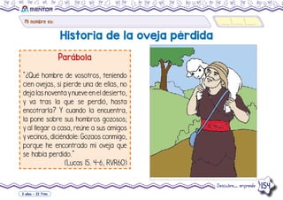 Mi nombre es:
Descubre... emprende 154
3 años - II Trim
Historia de la oveja pérdida
Parábola
“¿Qué hombre de vosotros, teniendo
cien ovejas, si pierde una de ellas, no
deja las noventa y nueve en el desierto,
y va tras la que se perdió, hasta
encotrarla? Y cuando la encuentra,
la pone sobre sus hombros gozosos;
y al llegar a casa, reúne a sus amigos
y vecinos, diciéndole: Gozaos conmigo,
porque he encontrado mi oveja que
se había perdido.”
(Lucas 15. 4-6, RVR60)
 