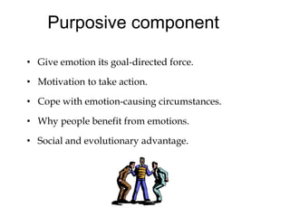 Purposive component
• Give emotion its goal-directed force.
• Motivation to take action.
• Cope with emotion-causing circumstances.
• Why people benefit from emotions.
• Social and evolutionary advantage.
 