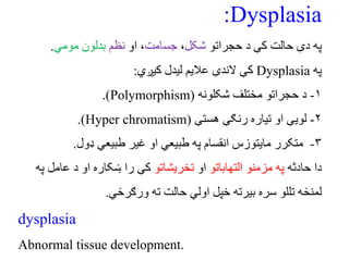 Dysplasia
:
‫دې‬ َ‫پ‬
ْ‫حجشات‬ ‫د‬ ‫کې‬ ‫حالت‬
‫شکل‬
،
‫جغاهت‬
ّ‫ا‬ ،
‫ًظن‬
‫هْهي‬ ‫بذلْى‬
.
َ‫پ‬
Dysplasia
‫کې‬
‫کیږي‬ ‫ل...