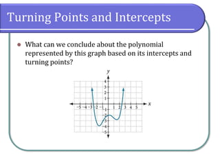 Turning Points and Intercepts
⚫ What can we conclude about the polynomial
represented by this graph based on its intercepts and
turning points?
 