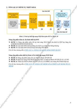 5
2. TỔNG QUAN TRÌNH TỰ TRIỂN KHAI
Hình 2. Trình tự thiết lập mạng Wifi Mesh gồm ONT và Mesh AP
Nâng cấp phần mềm & cấu hì...