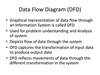 Data Flow Diagram (DFD)
• Graphical representation of data flow through
an Information System is called DFD
• Used for problem understanding and Analysis
of system
• Depicts flow of data through the system
• DFD captures the transformation of input data
to produce output data
• DFD reflects movements of data through the
different transformation in the system
 