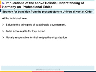5. Implications of the above Holistic Understanding of
Harmony on Professional Ethics
Strategy for transition from the present state to Universal Human Order:
At the individual level:
 Strive to the principles of sustainable development.
 To be accountable for their action
 Morally responsible for their respective organization.
20HSM02-Universal Human values-2
 