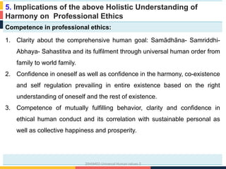 5. Implications of the above Holistic Understanding of
Harmony on Professional Ethics
Competence in professional ethics:
1. Clarity about the comprehensive human goal: Samãdhãna- Samriddhi-
Abhaya- Sahastitva and its fulfilment through universal human order from
family to world family.
2. Confidence in oneself as well as confidence in the harmony, co-existence
and self regulation prevailing in entire existence based on the right
understanding of oneself and the rest of existence.
3. Competence of mutually fulfilling behavior, clarity and confidence in
ethical human conduct and its correlation with sustainable personal as
well as collective happiness and prosperity.
20HSM02-Universal Human values-2
 