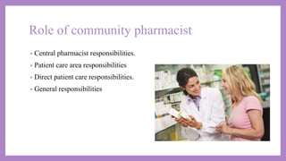 Role of community pharmacist
• Central pharmacist responsibilities.
• Patient care area responsibilities
• Direct patient care responsibilities.
• General responsibilities
 