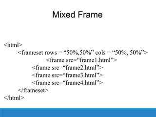 Mixed Frame
<html>
<frameset rows = “50%,50%” cols = “50%, 50%”>
<frame src=“frame1.html”>
<frame src=“frame2.html”>
<frame src=“frame3.html”>
<frame src=“frame4.html”>
</frameset>
</html>
 