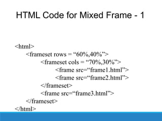 HTML Code for Mixed Frame - 1
<html>
<frameset rows = “60%,40%”>
<frameset cols = “70%,30%”>
<frame src=“frame1.html”>
<frame src=“frame2.html”>
</frameset>
<frame src=“frame3.html”>
</frameset>
</html>
 