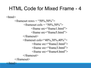 HTML Code for Mixed Frame - 4
<html>
<frameset rows = “50%,50%”>
<frameset cols = “50%,50%”>
<frame src=“frame1.html”>
<frame src=“frame5.html”>
</frameset>
<frameset cols=“40%,30%,40%”>
<frame src=“frame2.html”>
<frame src=“frame3.html”>
<frame src=“frame4.html”>
</frameset>
</frameset>
</html>
 