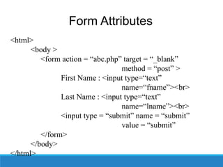 Form Attributes
<html>
<body >
<form action = “abc.php” target = “_blank”
method = “post” >
First Name : <input type=“text”
name=“fname”><br>
Last Name : <input type=“text”
name=“lname”><br>
<input type = “submit” name = “submit”
value = “submit”
</form>
</body>
</html>
 