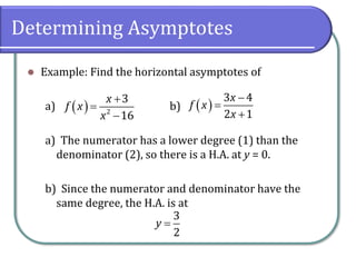 Determining Asymptotes
⚫ Example: Find the horizontal asymptotes of
a) b)
a) The numerator has a lower degree (1) than the
denominator (2), so there is a H.A. at y = 0.
b) Since the numerator and denominator have the
same degree, the H.A. is at
( )
+
=
−
2
3
16
x
f x
x
( )
−
=
+
3 4
2 1
x
f x
x
=
3
2
y
 