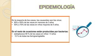 EPIDEMIOLOGÍA
En la mayoría de los casos, los causantes son los virus:
 90% a 95% de las veces en menores de 3 años
• 50% a 70% de las veces en niños mayores de 5 años.
En el resto de ocasiones están producidas por bacterias:
• estreptococo 90 % de los casos en niños > 5 años
• 15 % de todas las faringoamigdalitis.
 