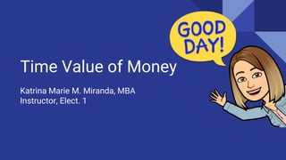 Time Value of Money
Katrina Marie M. Miranda, MBA
Instructor, Elect. 1
 