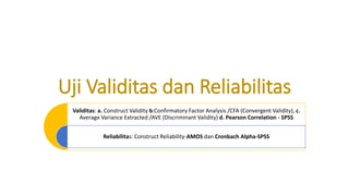 Uji Validitas dan Reliabilitas
Validitas: a. Construct Validity b.Confirmatory Factor Analysis /CFA (Convergent Validity), c.
Average Variance Extracted /AVE (Discriminant Validity) d. Pearson Correlation - SPSS
Reliabilitas: Construct Reliability-AMOS dan Cronbach Alpha-SPSS
 