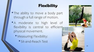 Flexibility
•The ability to move a body part
through a full range of motion.
•A moderate to high level of
flexibility is central to efficient
physical movement.
•Measuring Flexibility:
•Sit-and-Reach Test
25
 