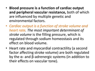 • Blood pressure is a function of cardiac output
and peripheral vascular resistance, both of which
are influenced by multiple genetic and
environmental factors.
• Cardiac output is a function of stroke volume and
heart rate. The most important determinant of
stroke volume is the filling pressure, which is
regulated through sodium homeostasis and its
effect on blood volume.
• Heart rate and myocardial contractility (a second
factor affecting stroke volume) are both regulated
by the α- and β-adrenergic systems (in addition to
their effects on vascular tone).
 